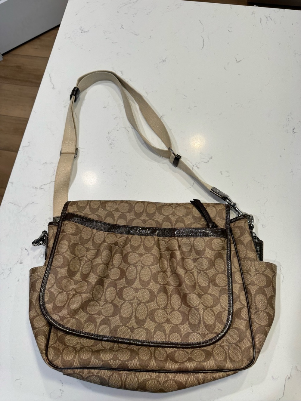 COACH F18373 Khaki Brown PVC Diaper, Laptop, Messenger cross-body Bag